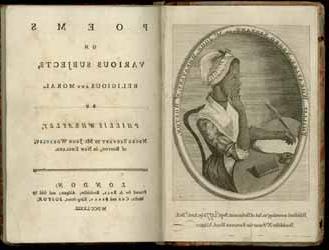 <p>Double-page spread of a book featuring a black and white illustration of a Black woman sitting at a desk, holding a quill to a piece of paper with one hand and holding the other hand to her chin as if thinking of w帽子 to write. She wears a white bonnet and a dress with a white collar. The other page shown in the image features black and white text.</p>