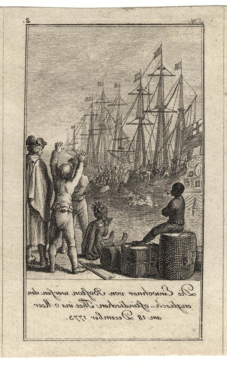 black-and-white engraving of children and adults sitting on a dock in the foreground watching people aboard a ship dump tea into the water in the background. A caption written in German is at the bottom