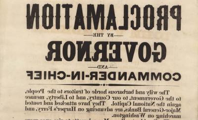 Poster printed on white paper that is slightly aged. Titled in large letters "PROCLAMATION of the GOVERNOR" and at the bottom is more prominent text reading "JOHN A. ANDREW."